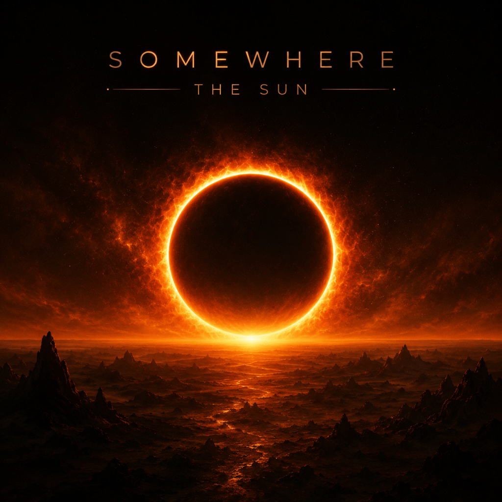 Una representación artística de un sol eclipsado, rodeado de un brillo anaranjado intenso sobre un paisaje rocoso y oscuro.