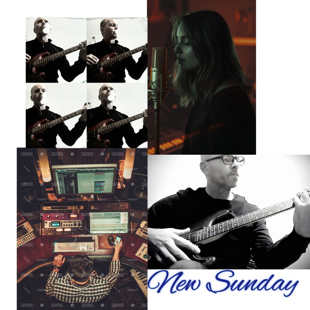 Collage de imágenes de músicos: un guitarrista tocando, una cantante en el micrófono, vista del estudio de grabación y el texto 'New Sunday'.
