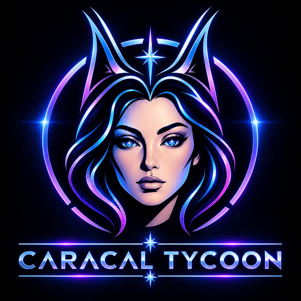 Logo de Caracal Tycoon que presenta un retrato estilizado de una mujer con pelo oscuro y ojos azules, adornado con elementos brillantes y un contorno circular.