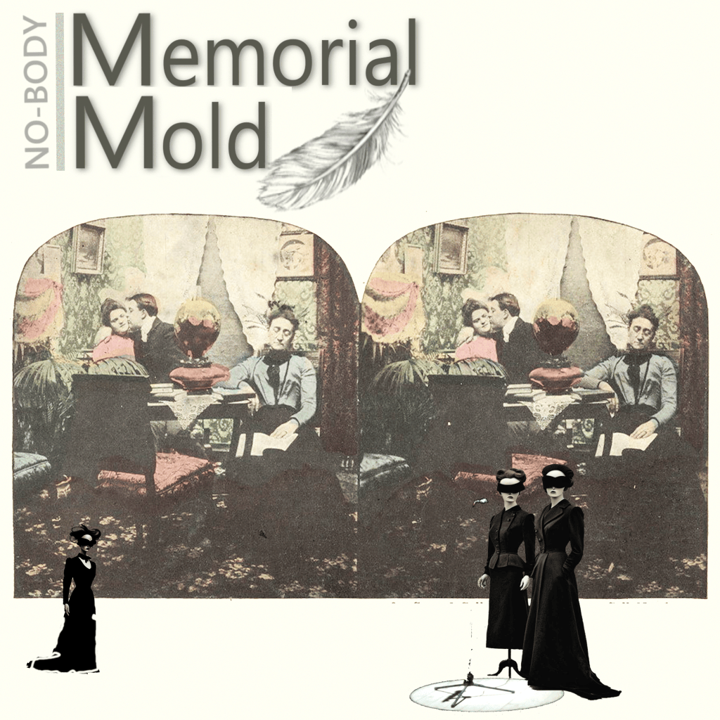 Imagen artística que presenta una interpretación visual titulada 'Memorial Mold', mostrando figuras de vestimenta antigua en un entorno nostálgico con temas de memoria y ausencia.